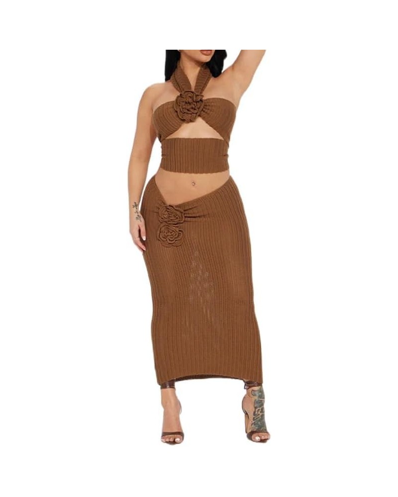 Women's Sexy Two Piece Long Skirt Set Halter Crop Tube Top and Split Maxi Skirt Summer Outfits Y2k Clubwear(Crocheted Brown,S...