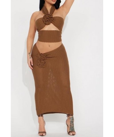 Women's Sexy Two Piece Long Skirt Set Halter Crop Tube Top and Split Maxi Skirt Summer Outfits Y2k Clubwear(Crocheted Brown,S...