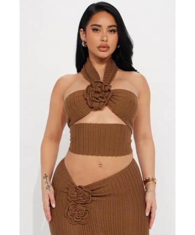 Women's Sexy Two Piece Long Skirt Set Halter Crop Tube Top and Split Maxi Skirt Summer Outfits Y2k Clubwear(Crocheted Brown,S...