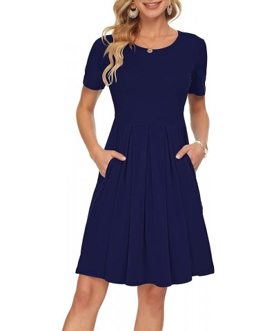 Womens Short Sleeve Mini Dresses Pleated Ruffle A Line with Button 01-navy Blue $17.20 Dresses