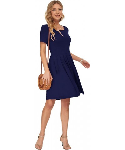 Womens Short Sleeve Mini Dresses Pleated Ruffle A Line with Button 01-navy Blue $17.20 Dresses