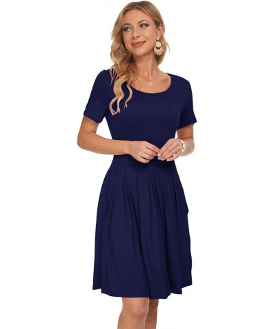 Womens Short Sleeve Mini Dresses Pleated Ruffle A Line with Button 01-navy Blue $17.20 Dresses