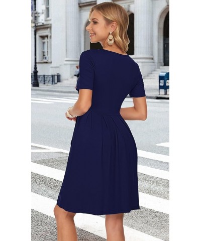 Womens Short Sleeve Mini Dresses Pleated Ruffle A Line with Button 01-navy Blue $17.20 Dresses