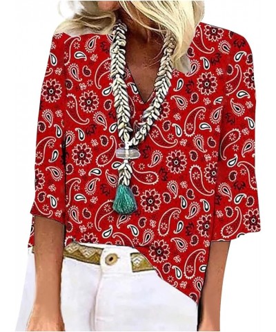 Tops for Women Women's Fall Casual V Neck 3/4 Sleeve Loose Tee Shirts Floral Printed Comfort Tunic Blouses 05-red $9.50 Tops