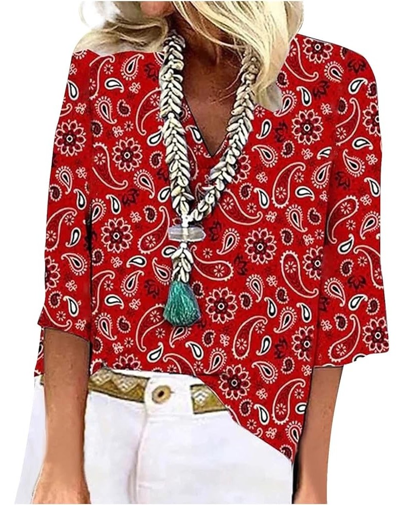 Tops for Women Women's Fall Casual V Neck 3/4 Sleeve Loose Tee Shirts Floral Printed Comfort Tunic Blouses 05-red $9.50 Tops