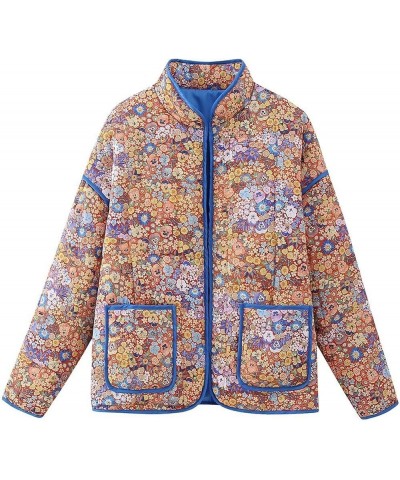 Womens Stylish Floral Printed Quilted Cropped Puffer Jackets Long Sleeve Winter Coats Orange $22.05 Jackets