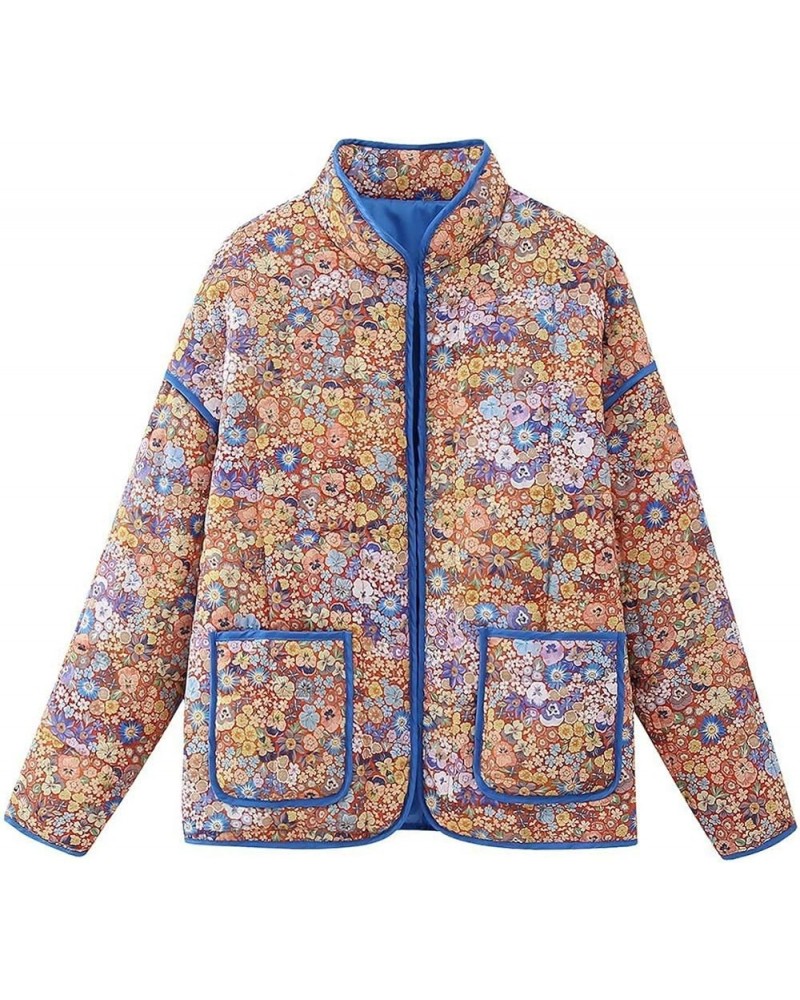 Womens Stylish Floral Printed Quilted Cropped Puffer Jackets Long Sleeve Winter Coats Orange $22.05 Jackets