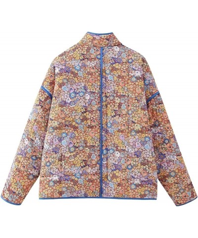 Womens Stylish Floral Printed Quilted Cropped Puffer Jackets Long Sleeve Winter Coats Orange $22.05 Jackets