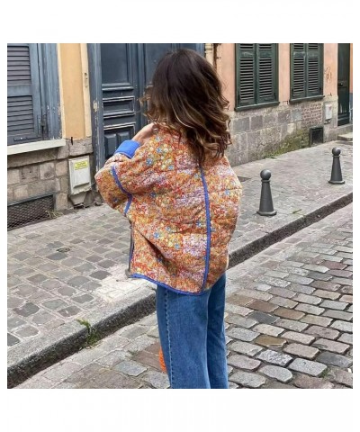 Womens Stylish Floral Printed Quilted Cropped Puffer Jackets Long Sleeve Winter Coats Orange $22.05 Jackets