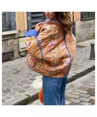 Womens Stylish Floral Printed Quilted Cropped Puffer Jackets Long Sleeve Winter Coats Orange $22.05 Jackets