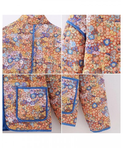 Womens Stylish Floral Printed Quilted Cropped Puffer Jackets Long Sleeve Winter Coats Orange $22.05 Jackets