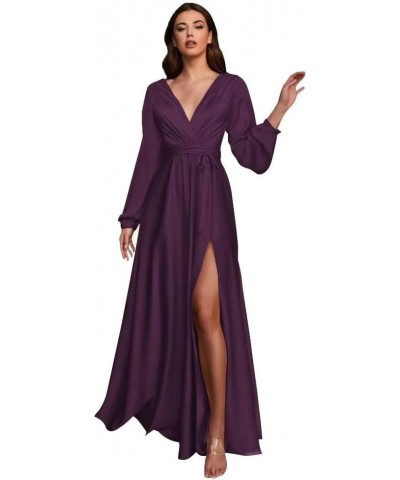 V Neck Satin Bridesmaid Dresses with Sleeves Side Slit Formal Party Dress A Line Prom Dresses for Women Plum $31.85 Dresses