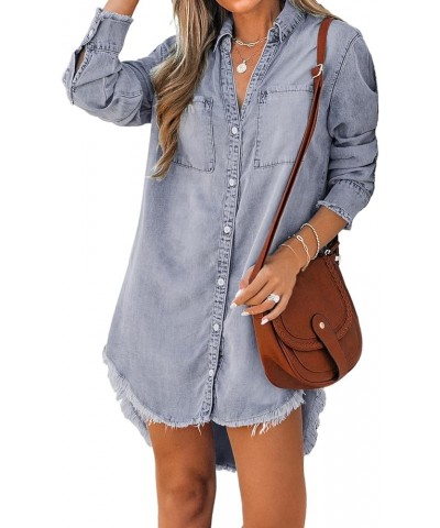 Women Casual Denim Oversized Shirt Long Sleeve Lapel Collar Button Down Shirts Dolphin Hem Light Blue $23.84 Blouses