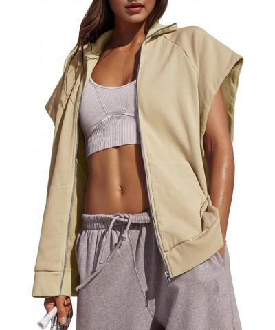 Womens Half Zip Hoodies Cropped Pullover Sweatshirt Fleece Lined Sweater Tops with Pocket Thumb Hole 02-khaki $16.52 Hoodies ...