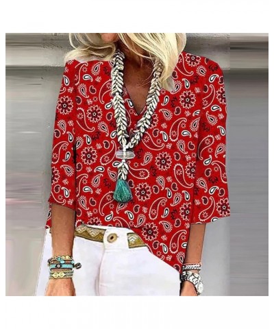 Tops for Women Women's Fall Casual V Neck 3/4 Sleeve Loose Tee Shirts Floral Printed Comfort Tunic Blouses 05-red $9.50 Tops