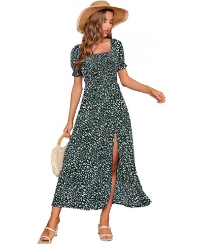 Women's Ditsy Floral Split Thigh Maxi Dress Puff Sleeve Shirred Bodice Long Dresses Boho Summer Sundress Dark Green $17.04 Dr...