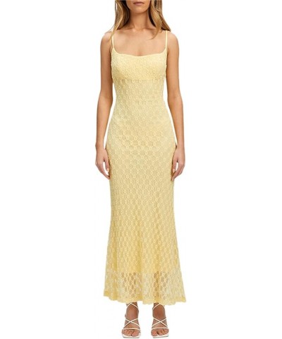 Women's Square Neck Slim Fit Maxi Dress Spaghetti Strap Backless Hollow Out Flower Fishtail Party Dress Elegant Yellow $12.95...