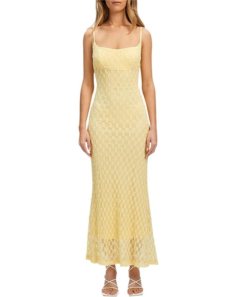 Women's Square Neck Slim Fit Maxi Dress Spaghetti Strap Backless Hollow Out Flower Fishtail Party Dress Elegant Yellow $12.95...