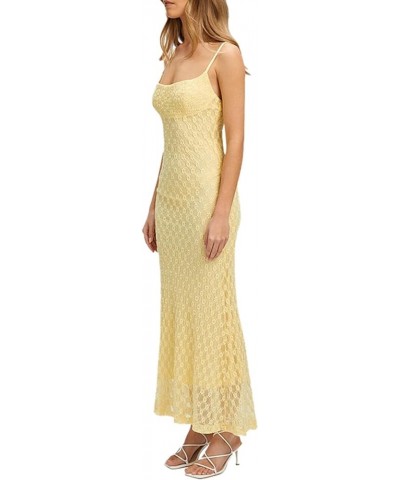 Women's Square Neck Slim Fit Maxi Dress Spaghetti Strap Backless Hollow Out Flower Fishtail Party Dress Elegant Yellow $12.95...