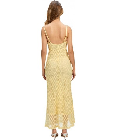 Women's Square Neck Slim Fit Maxi Dress Spaghetti Strap Backless Hollow Out Flower Fishtail Party Dress Elegant Yellow $12.95...