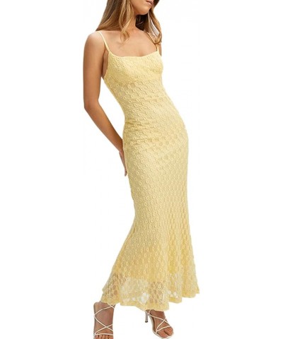 Women's Square Neck Slim Fit Maxi Dress Spaghetti Strap Backless Hollow Out Flower Fishtail Party Dress Elegant Yellow $12.95...