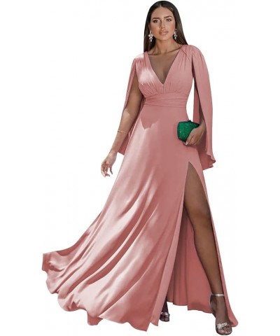 Women's Long Sleeve Bridesmaid Dresses V-Neck Chiffon Ruched Formal Dress Evening Gown with Slit Dusty Rose $40.42 Dresses