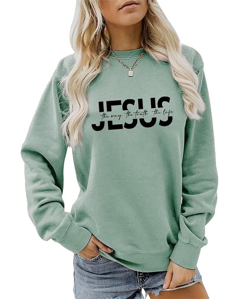 Jesus The Way The Truth The Life Sweatshirt, Christian Shirt Women Crewneck Pullover Tops Jesus Shirt Religious Gift Green $1...