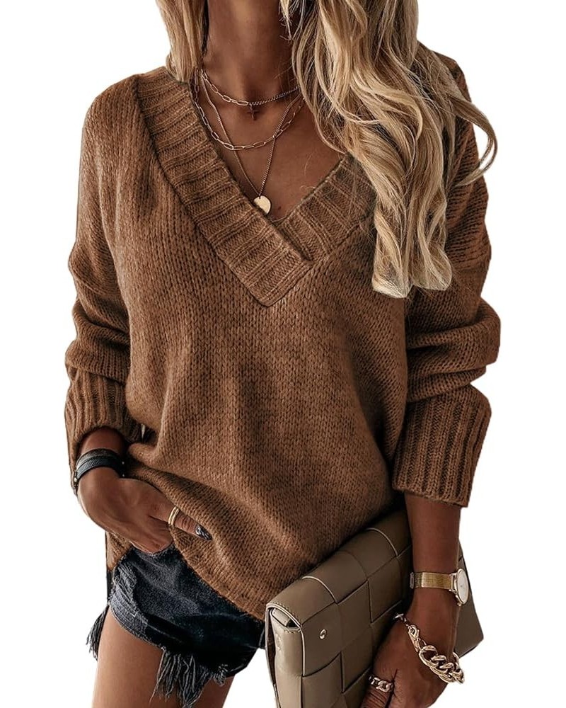 Oversized Sweaters for Women Sexy Deep V Neck Long Sleeve Cable Knit Sweater Loose Jumper Tunic Pullover Tops 3b Brown $25.51...