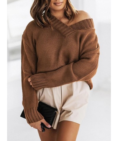 Oversized Sweaters for Women Sexy Deep V Neck Long Sleeve Cable Knit Sweater Loose Jumper Tunic Pullover Tops 3b Brown $25.51...