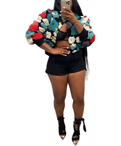 Women Cropped Bomber Jacket Fleece 3D Flower Print Button Down Long Puff Sleeve Coat Outwear Black 03 $19.35 Jackets