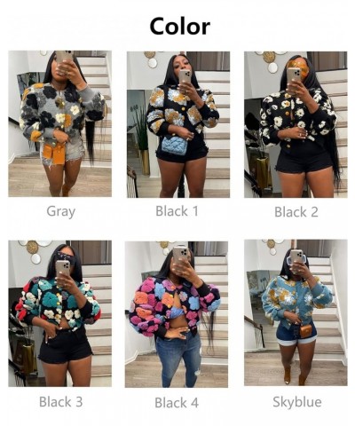 Women Cropped Bomber Jacket Fleece 3D Flower Print Button Down Long Puff Sleeve Coat Outwear Black 03 $19.35 Jackets