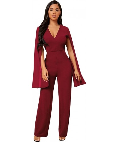 Women's Deep V Neck Split Long Sleeve High Waist Jumpsuit Elegant Formal Wide Leg Long Pants Dressy Romper Burgundy $26.79 Ju...