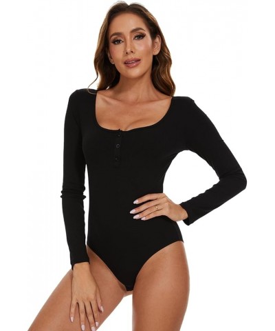 Long Sleeve Bodysuit for Women Sexy Square Neck Tops Slim Fit Body Suit Jumpsuit Black-button $13.74 Bodysuits