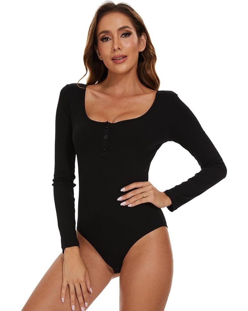 Long Sleeve Bodysuit for Women Sexy Square Neck Tops Slim Fit Body Suit Jumpsuit Black-button $13.74 Bodysuits