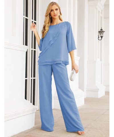 2 Piece Mother of The Bride Dresses Jacket Pant Sets Ruffled Layers Wedding Guest Dress Blue $40.14 Suits