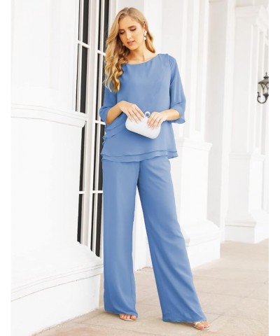 2 Piece Mother of The Bride Dresses Jacket Pant Sets Ruffled Layers Wedding Guest Dress Blue $40.14 Suits