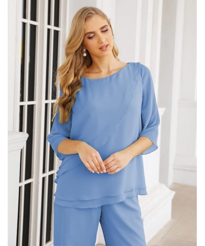 2 Piece Mother of The Bride Dresses Jacket Pant Sets Ruffled Layers Wedding Guest Dress Blue $40.14 Suits