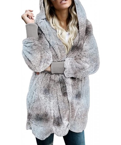 Womens 2023 Winter Long Sleeve Solid Fuzzy Fleece Open Front Hooded Cardigans Jacket Coats Outerwear with Pocket Tie Dye Gray...