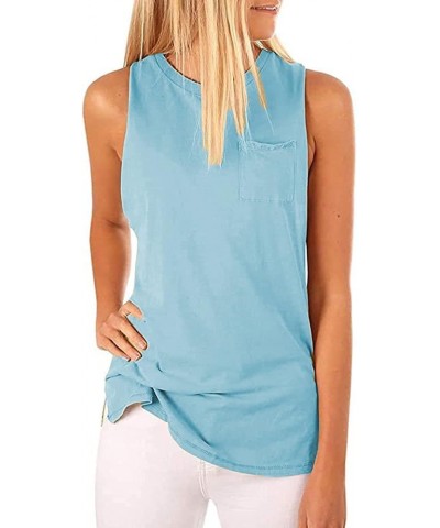 Women's High Neck Tank Tops Summer Sleeveless T Shirts Loose Fit with Pockets Light Blue $11.00 Tanks