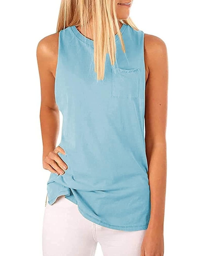 Women's High Neck Tank Tops Summer Sleeveless T Shirts Loose Fit with Pockets Light Blue $11.00 Tanks