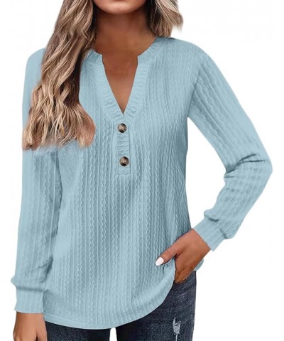 Womens Ribbed Knit Tunic Tops Long Sleeve Button Down V Neck Shirts Blouses Trendy Slim Fit Casual Henley Shirts Sky Blue $16...