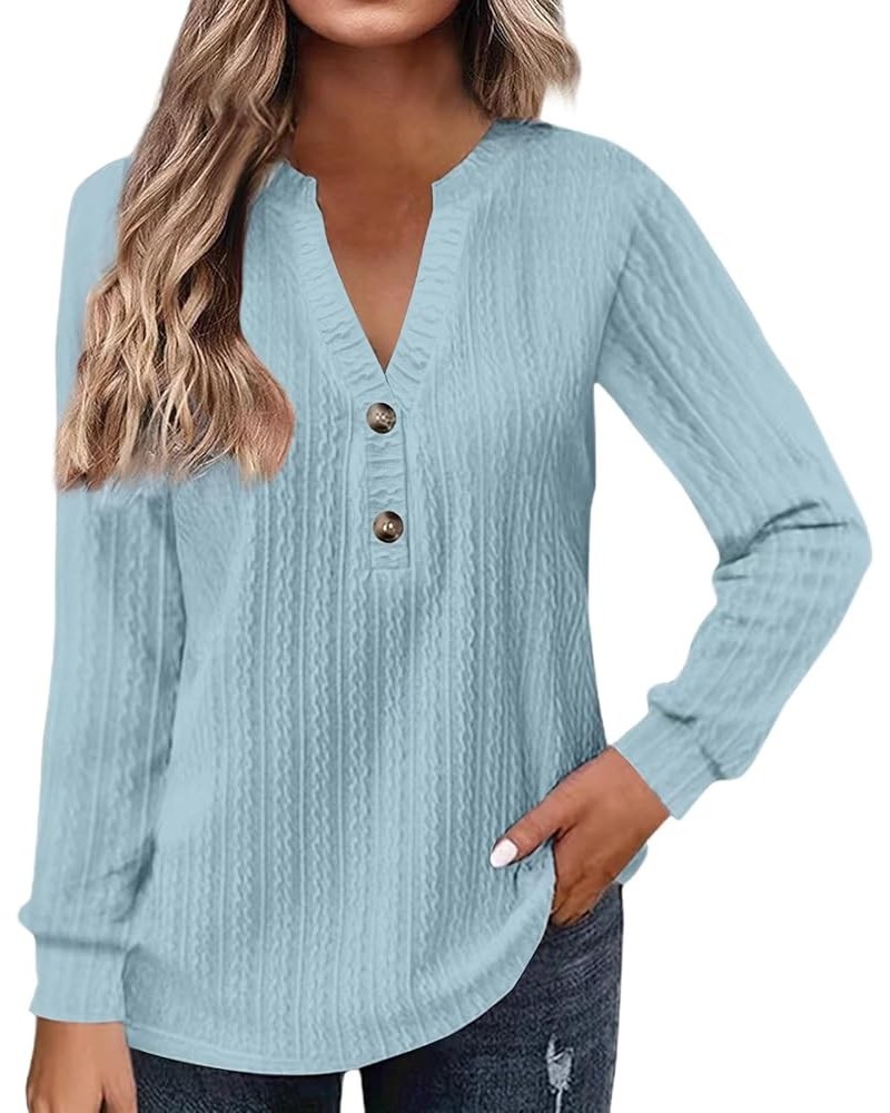 Womens Ribbed Knit Tunic Tops Long Sleeve Button Down V Neck Shirts Blouses Trendy Slim Fit Casual Henley Shirts Sky Blue $16...