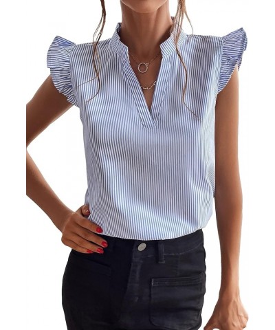 Women's Striped Print Ruffle Trim Cap Sleeve Blouse Notched V Neck Sleeveless Casual Shirt Top Blue and White Stripe $10.19 B...