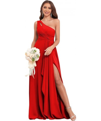 Chiffon One Shoulder Bridesmaid Dresses for Women Wedding 2024 Long Ruffles Formal Evening Party Dress with Slit Red $16.92 D...