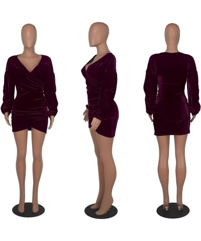 Womens Deep V Neck Sexy Off Shoulder Velvet Bodycon Ruched Bodycon Mini Club Dress Wine Red $24.51 Dresses